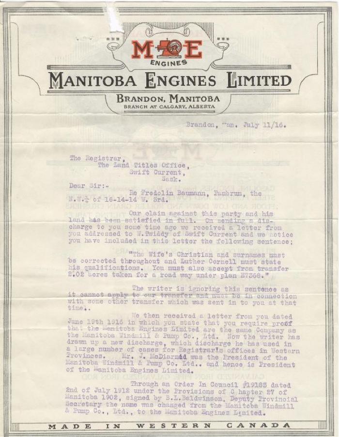 Brandon Company Claim Against Homesteader Manitoba Engines Limited;Manitoba Engines Limited Creditor Claim (1916-07-11);Manitoba Engines Limited Creditor Claim (1916-07-11)