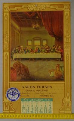 1943 Calendar Aaron Friesen 1943 Calendar;Wymark Merchant Aaron Friesen Calendar (1943);Wymark Merchant Aaron Friesen Calendar (1943)