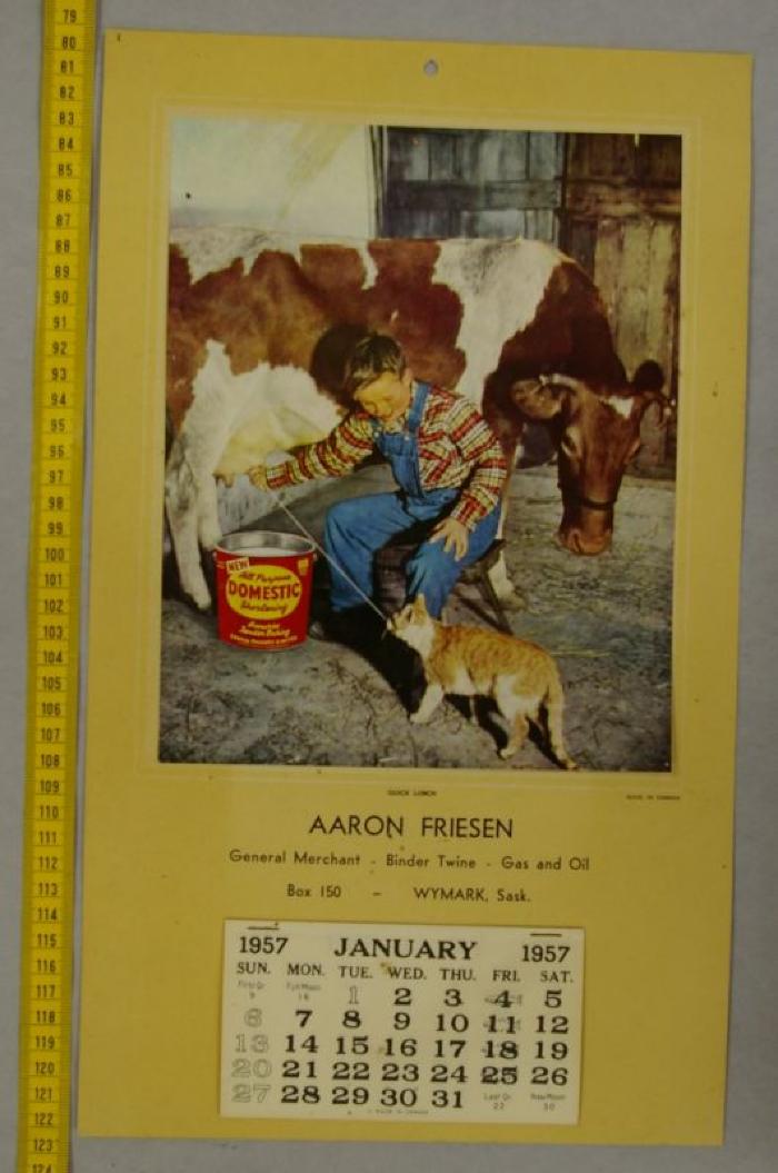 1957 Calendar Aaron Friesen 1957 Calendar;Wymark Merchant Aaron Friesen Calendar (1957);Wymark Merchant Aaron Friesen Calendar (1957)