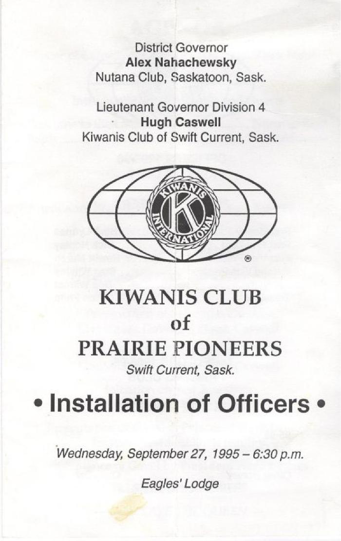 Kiwanis Club Installation Of Officers Program (1995-09-27);Kiwanis Club Installation Of Officers Program (1995-09-27);Kiwanis Club Program Kiwanis Club Of Prairie Pioneers Installation Of Officers