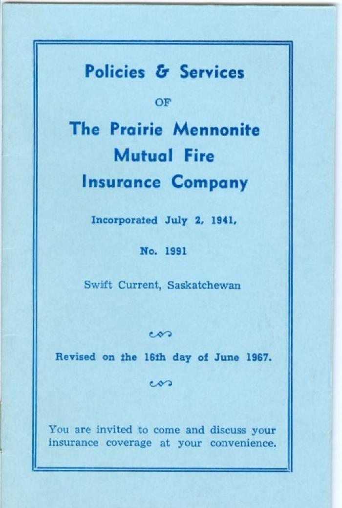 Prairie Mennonite Insurance Company Policies & Services Pamphlet (1941);Prairie Mennonite Insurance Company Policies & Services Pamphlet (1941)