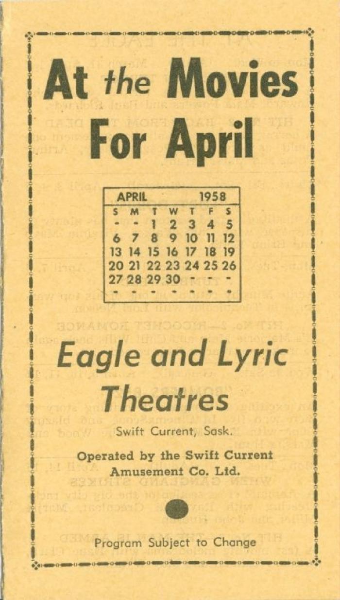 Eagle and Lyric Theatres Upcoming Films (1958-04);Eagle and Lyric Theatres Upcoming Films (1958-04)