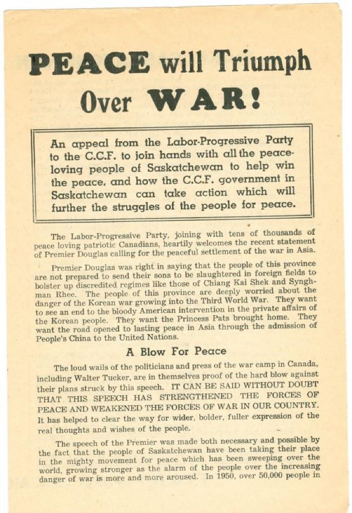 'Peace Will Triumph Over War' Labour-Progressive Party Pamphlet