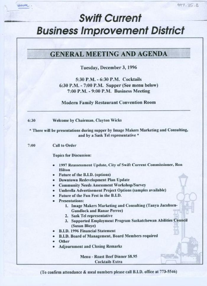 Swift Current Business Improvement District Agenda (1996-12-03)