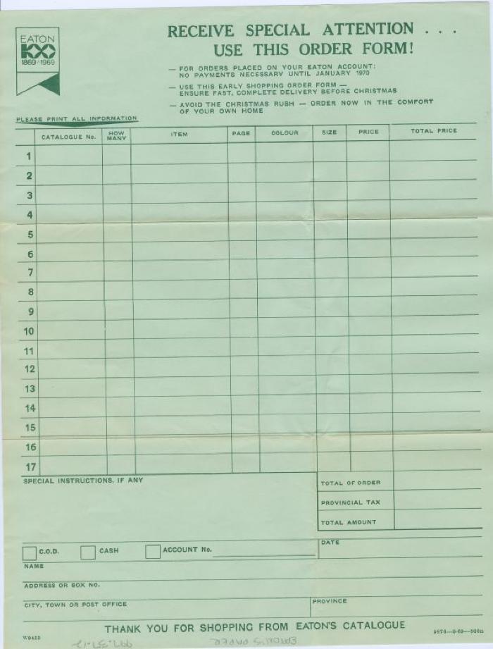 Eaton's Catalogue Order Form (1969)