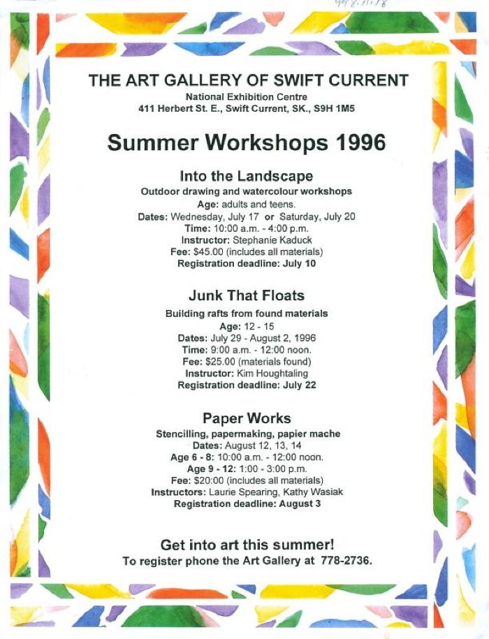 Swift Current Art Gallery Summer Workshops Poster (1996 Summer)