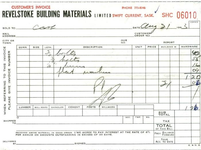 Revelstoke Building Materials Limited Receipt (1963-08-21)