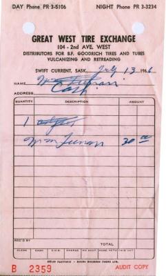 Great West Tire Exchange Receipt (1966-07-13)