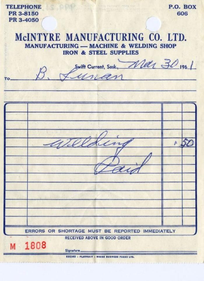 McIntyre Manufacturing Company Limited Receipt (1961-03-30)