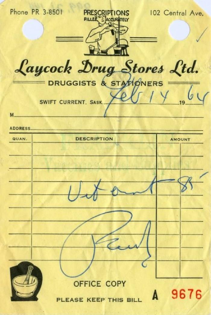 Laycock Drug Stores Limited Receipt (1964-02-14)