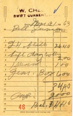 W Chelew's Machine Shop Receipt (1963-03-21)