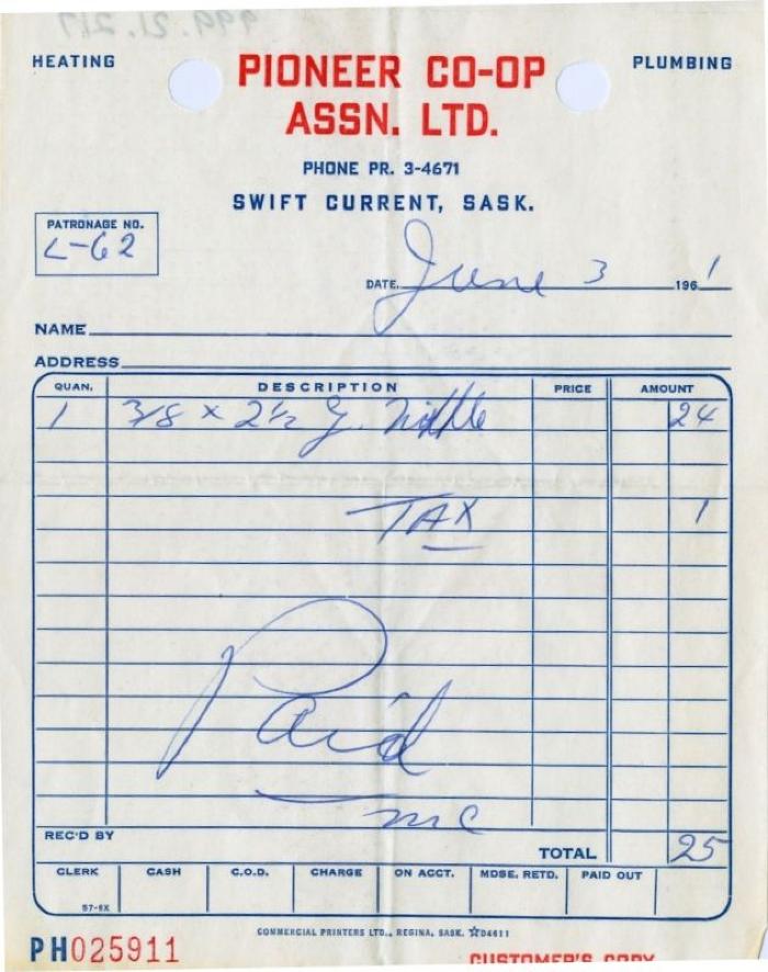 Pioneer Co-operative Association Limited - Heating & Plumbing Receipt (1961-06-03);Pioneer Co-operative Association Limited - Heating & Plumbing Receipt (1961-06-03)