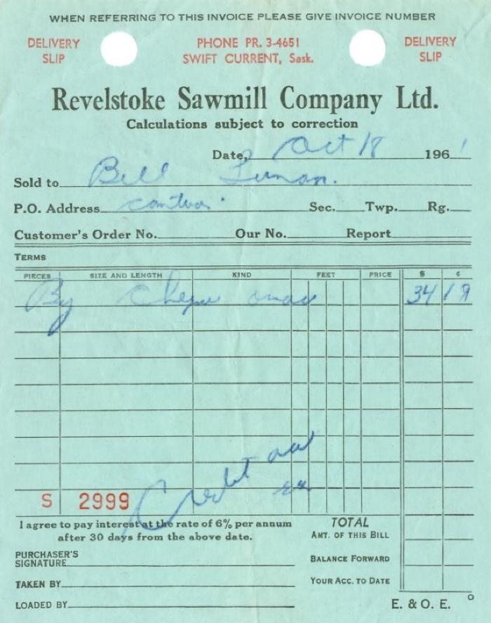 Revelstoke Sawmill Company Limited Receipt (1961-10-18)