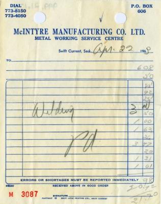 McIntyre Manufacturing Company Limited Receipt (1963-04-22)