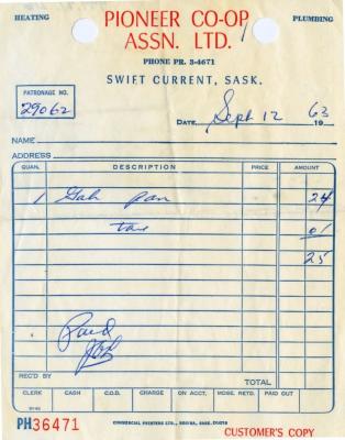 Pioneer Co-operative Association Limited - Heating & Plumbing Receipt (1963-09-12);Pioneer Co-operative Association Limited - Heating & Plumbing Receipt (1963-09-12)