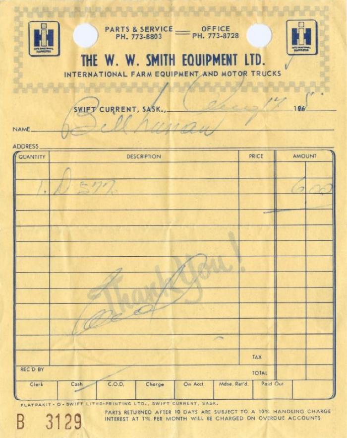 W W Smith Equipment Limited Receipt (1960-08-17)