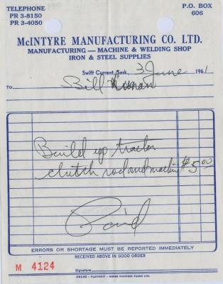 McIntyre Manufacturing Company Limited Receipt (1961-06-03)