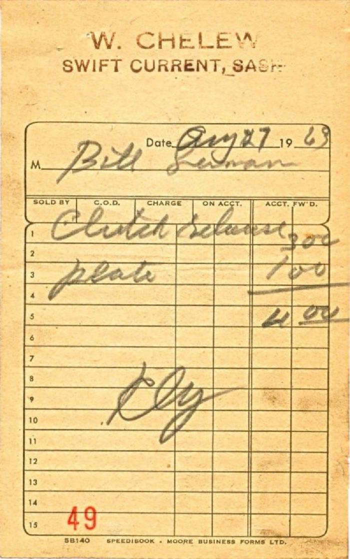 W Chelew's Machine Shop Receipt (1963-08-27)