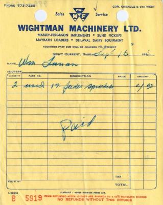 Wightman Machinery Limited Receipt (1963-09-16)