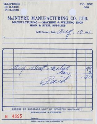 McIntyre Manufacturing Company Limited Receipt (1961-08-10)