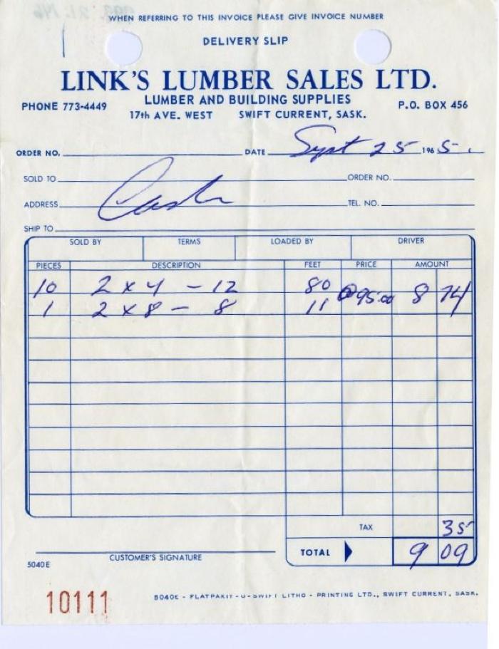 Link's Lumber Sales Limited Receipt (1965-09-25)