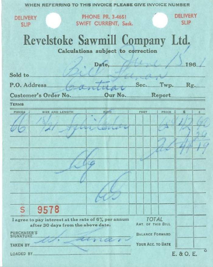 Revelstoke Sawmill Company Limited Receipt (1961-06-15)