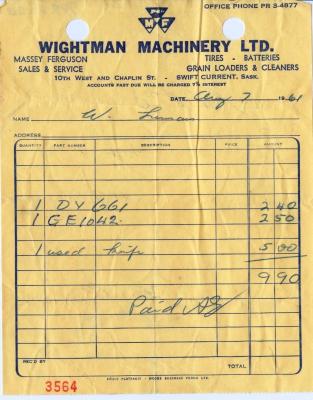 Wightman Machinery Limited Receipt (1961-08-07)