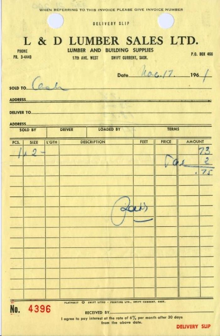 L&D Lumber Sales Limited Receipt (1961-11-17)