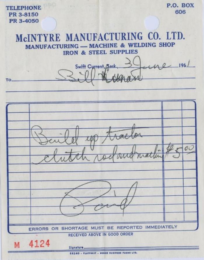 McIntyre Manufacturing Company Limited Receipt (1961-06-03)