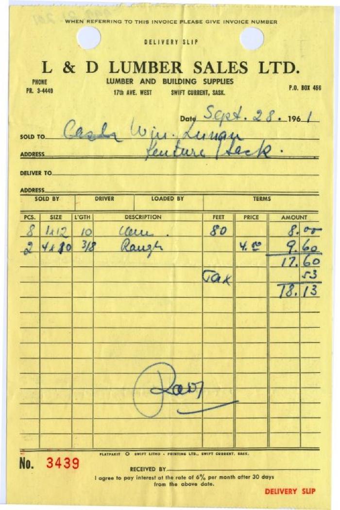 L&D Lumber Sales Limited Receipt (1961-09-28)