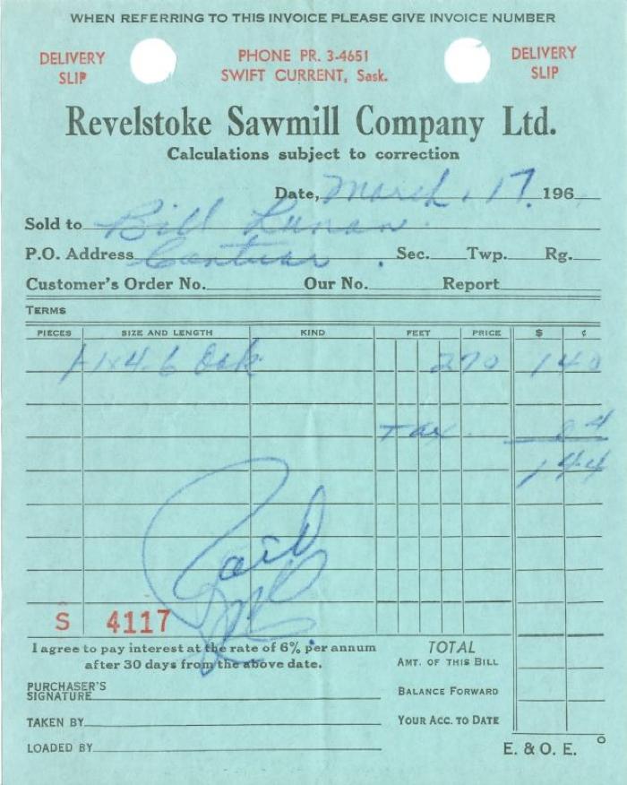 Revelstoke Sawmill Company Limited Receipt (1961-03-17)