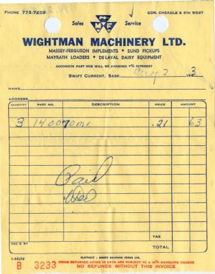 Wightman Machinery Limited Receipt (1963-08-02)