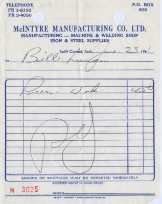 McIntyre Manufacturing Company Limited Receipt (1961-06-23)