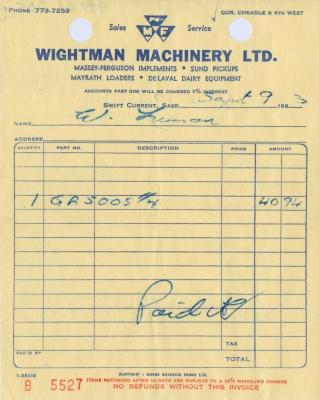 Wightman Machinery Limited Receipt (1963-09-03)