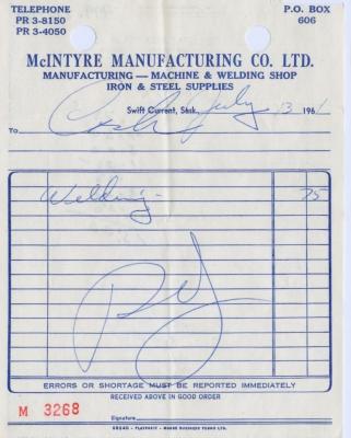 McIntyre Manufacturing Company Limited Receipt (1961-07-13)