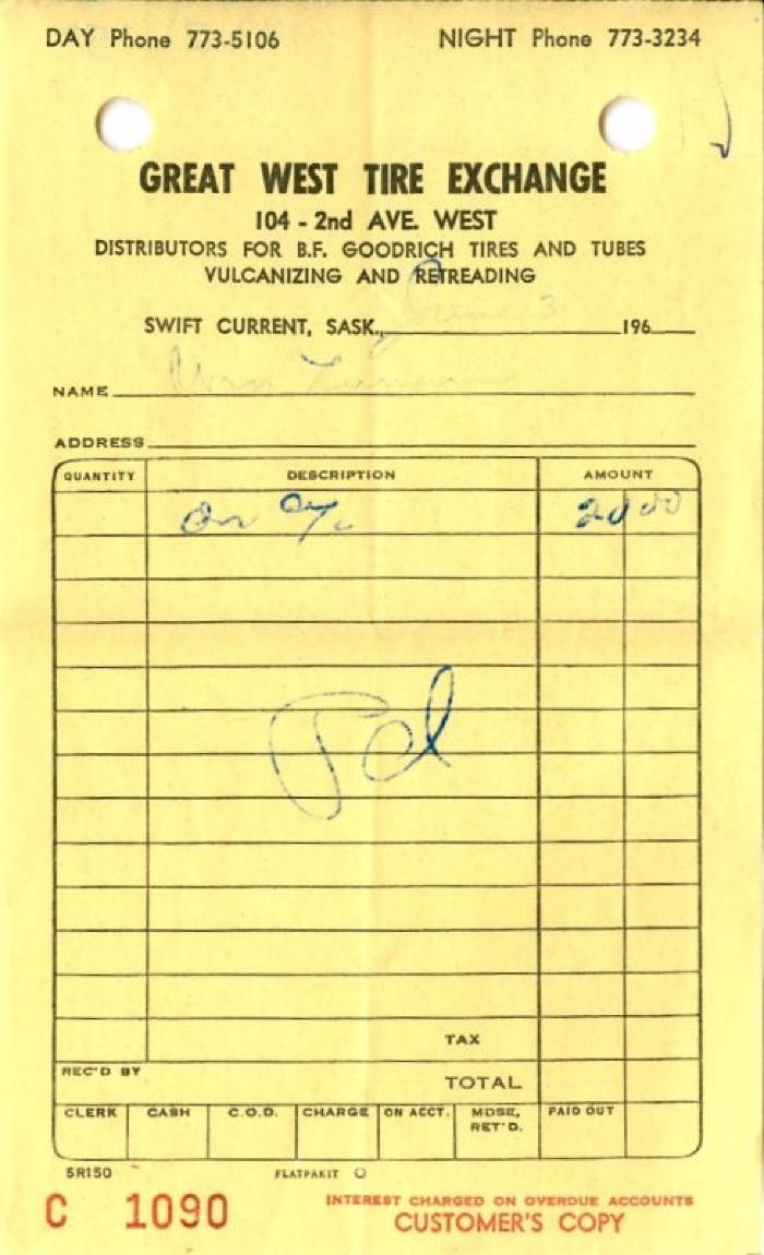 Great West Tire Exchange Receipt (1963-06-03)