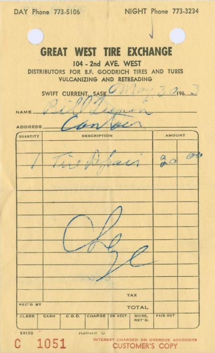 Great West Tire Exchange Receipt (1963-05-30)