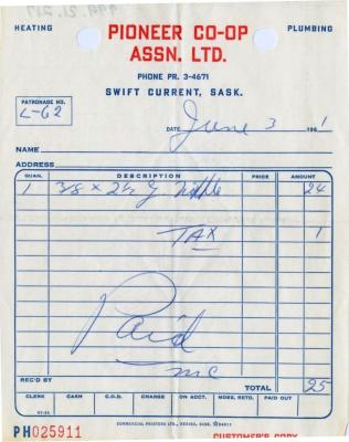 Pioneer Co-operative Association Limited - Heating & Plumbing Receipt (1961-06-03);Pioneer Co-operative Association Limited - Heating & Plumbing Receipt (1961-06-03)