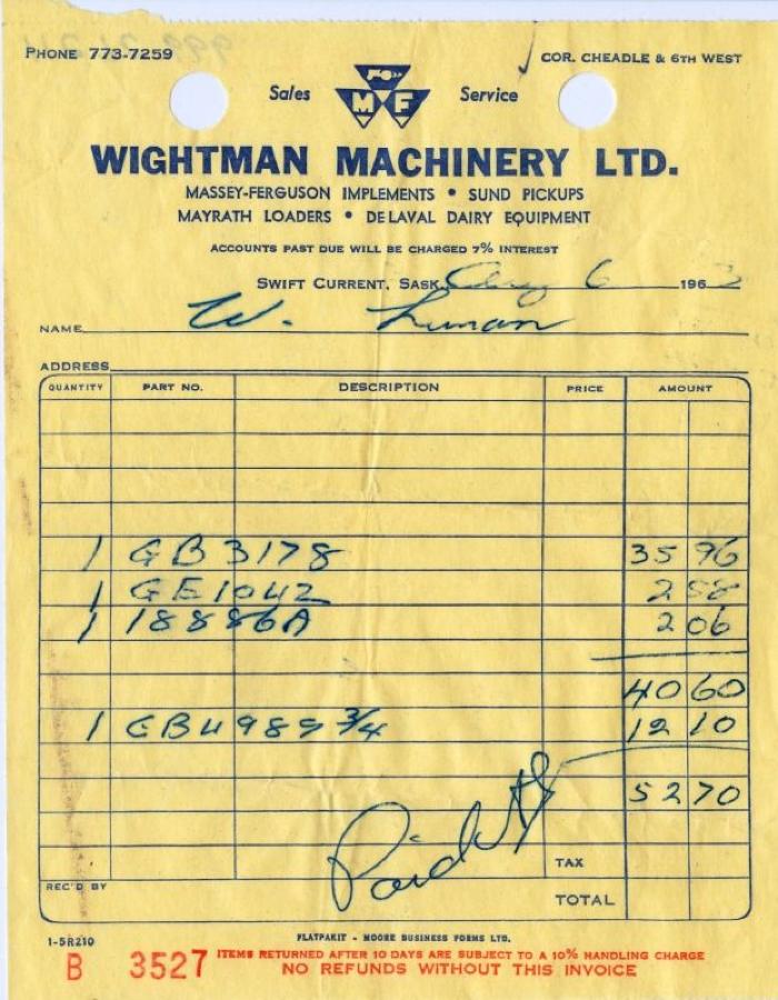 Wightman Machinery Limited Receipt (1963-08-02)