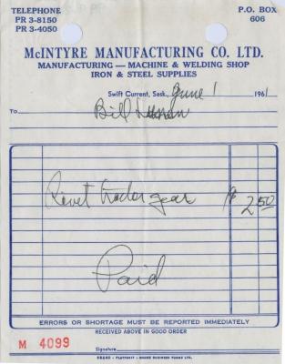 McIntyre Manufacturing Company Limited Receipt (1961-06-01)