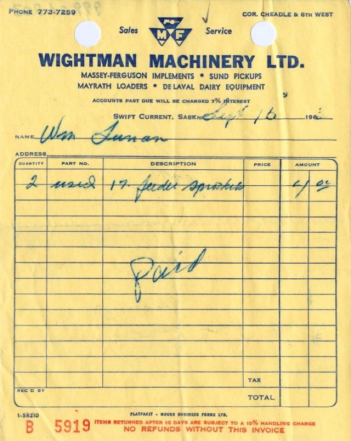 Wightman Machinery Limited Receipt (1963-09-16)