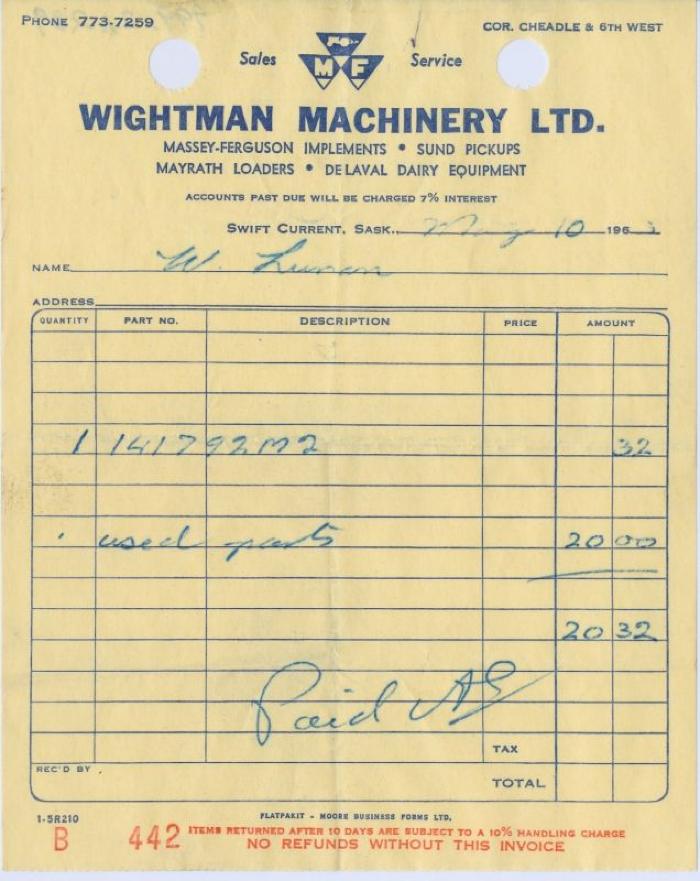 Wightman Machinery Limited Receipt (1963-05-10)