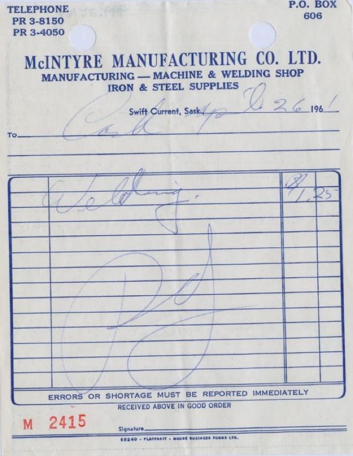 McIntyre Manufacturing Company Limited Receipt (1961-04-26)