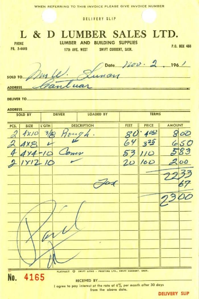 L&D Lumber Sales Limited Receipt (1961-11-02)