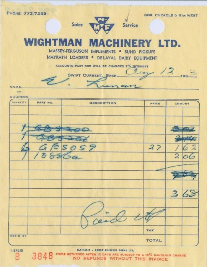 Wightman Machinery Limited Receipt (1963-08-12)