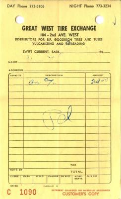 Great West Tire Exchange Receipt (1963-06-03)