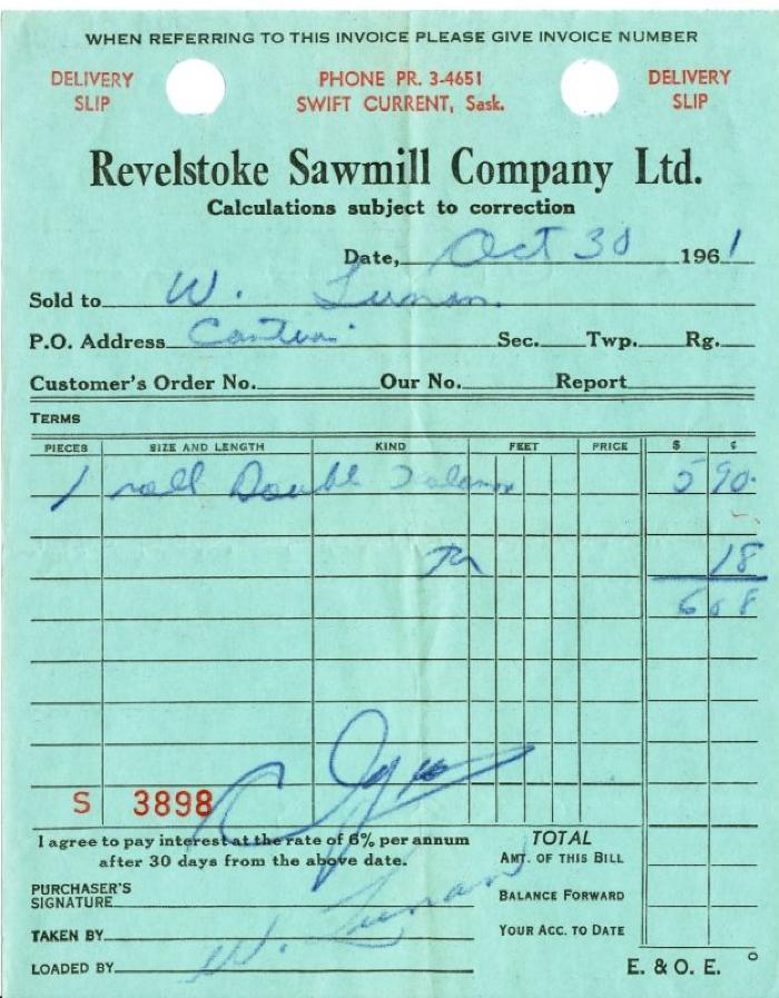 Revelstoke Sawmill Company Limited Receipt (1961-08-10)