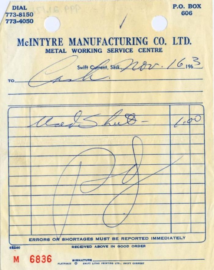 McIntyre Manufacturing Company Limited Receipt (1963-11-16)