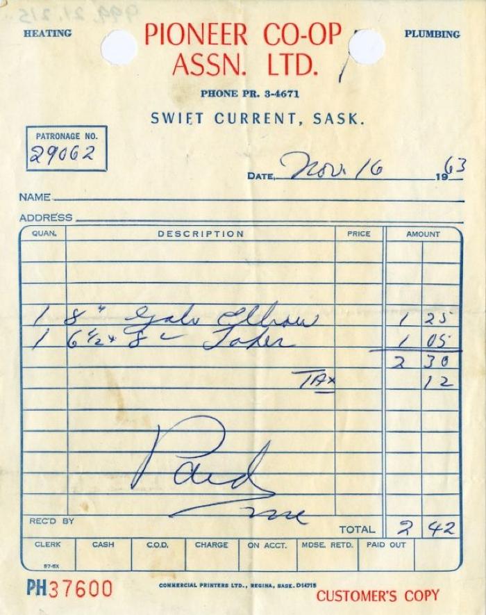 Pioneer Co-operative Association Limited - Heating & Plumbing Receipt (1963-11-16)