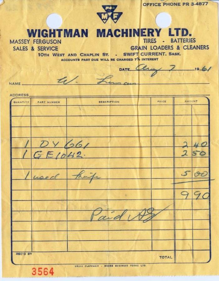 Wightman Machinery Limited Receipt (1961-08-07)